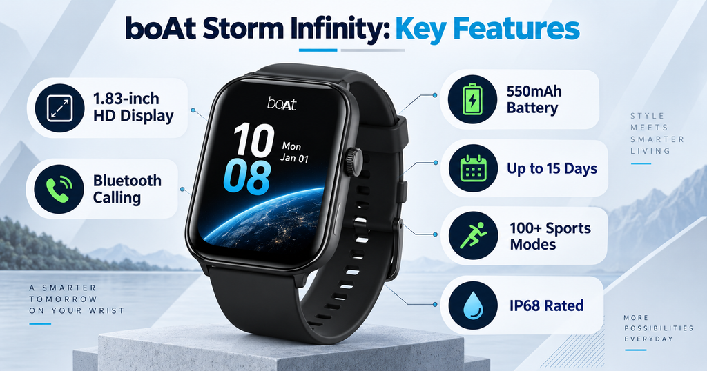 Main features including display, Bluetooth calling, battery, sports modes and IP68 rating.