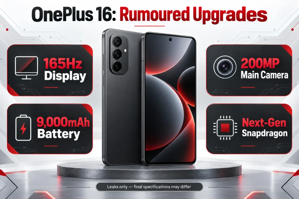 OnePlus 16 rumored upgrades infographic